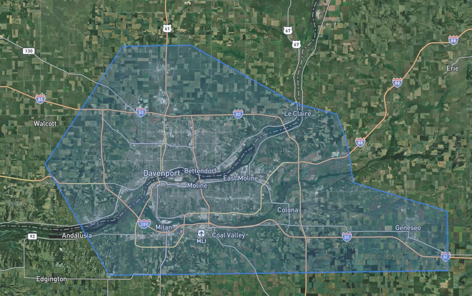 Map of the Waterwerks service area across the Quad Cities, including Bettendorf, Davenport, LeClaire, Eldridge, Moline, Rock Island and Geneseo