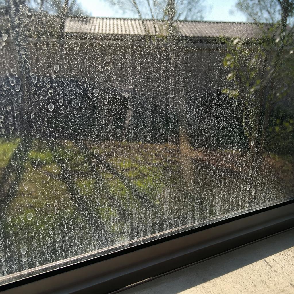 Window glass covered in chalky hard-water sprinkler spotting before restoration