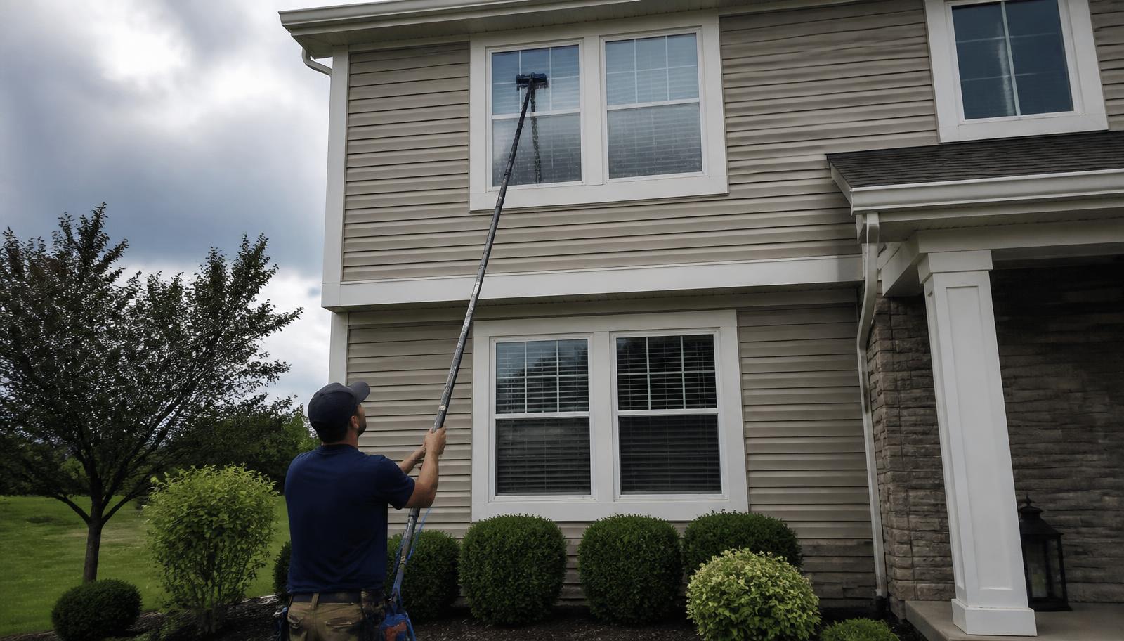 Waterwerks technician cleaning upper-story windows from the ground with a water-fed pole
